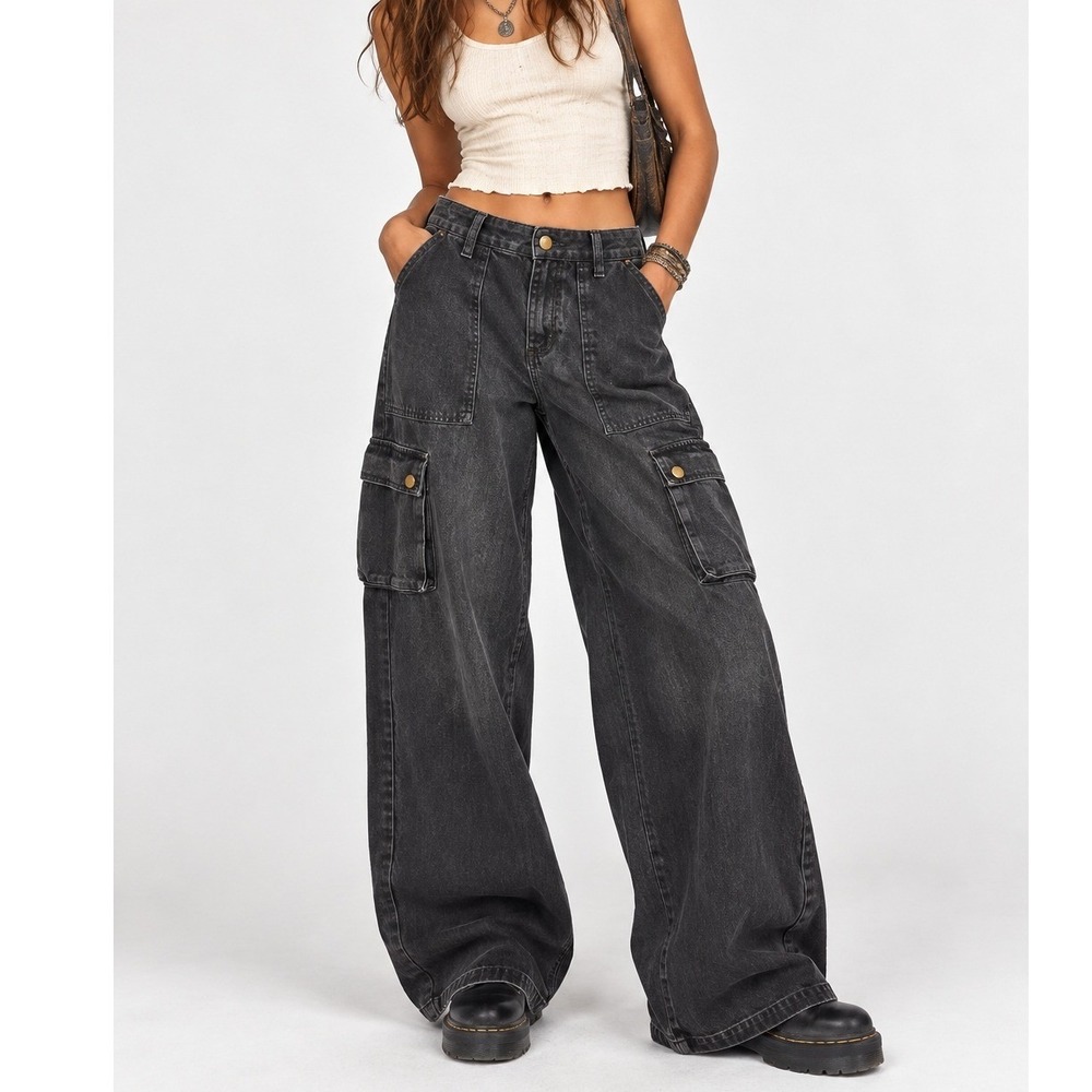 Womens Black Wide Leg Cargo 4 Jean Baggy Y2K Utility Skater Indie Grunge Relaxed